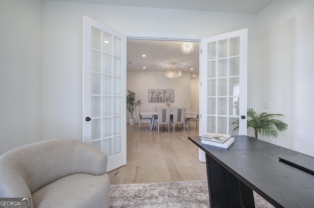 841 Keystone Dr, Woodstock, GA 30188 - office featuring a chandelier, light wood finished floors, french doors, and recessed lighting