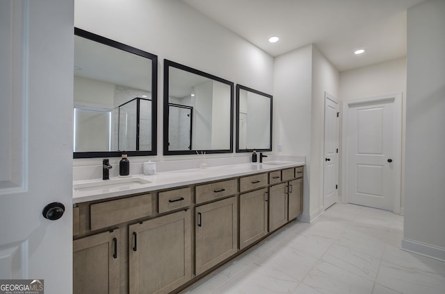 841 Keystone Dr, Woodstock, GA 30188 - bathroom with marble finish flooring, a shower stall, double vanity, and recessed lighting
