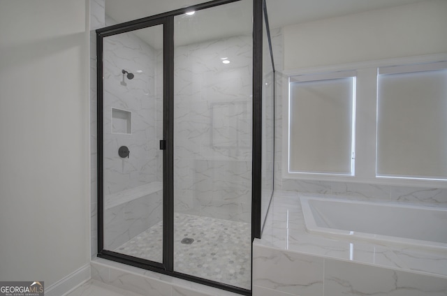 841 Keystone Dr, Woodstock, GA 30188 - full bathroom featuring a bath, a marble finish shower, and marble finish flooring