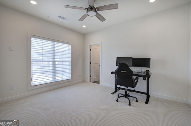 841 Keystone Dr, Woodstock, GA 30188 - carpeted home office with plenty of natural light, a ceiling fan, and recessed lighting