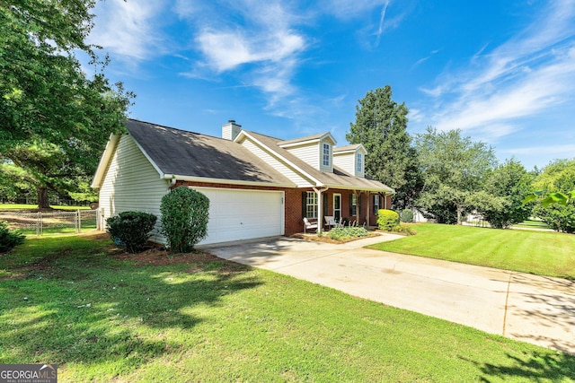 125 Meadow View Dr, Jackson, GA 30233 - view of front of property featuring a garage, concrete driveway, covered porch, brick siding, and a chimney
