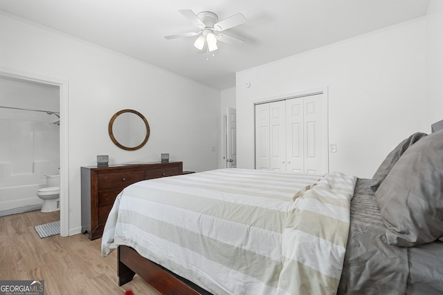 265 Hidden Hammock Dr, Vidalia, GA 30474 - bedroom with light wood finished floors, a closet, connected bathroom, and ceiling fan
