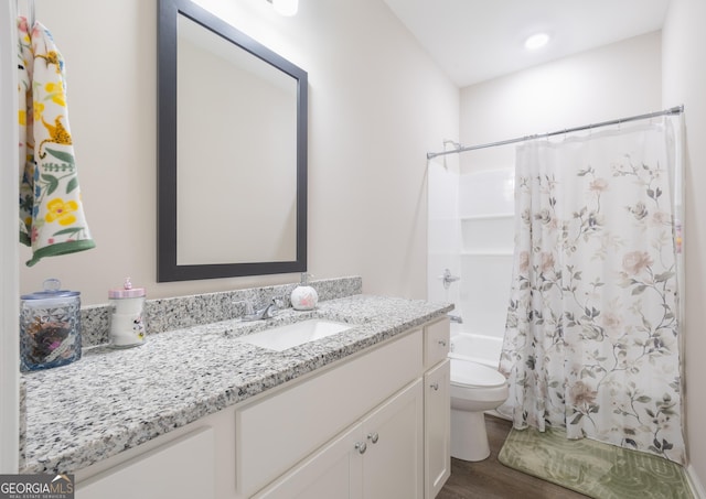 275 Bethlehem Church Rd, Carrollton, GA 30117 - full bath featuring vanity, wood finished floors, and shower / bathtub combination with curtain