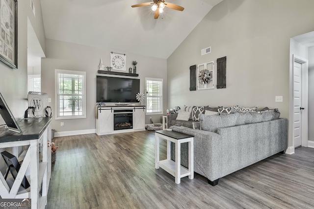 120 Mylee Cv, Barnesville, GA 30204 - living area featuring high vaulted ceiling, a ceiling fan, wood finished floors, and a high end fireplace