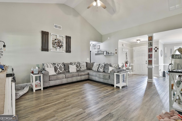 120 Mylee Cv, Barnesville, GA 30204 - living area featuring a ceiling fan, wood finished floors, high vaulted ceiling, and crown molding