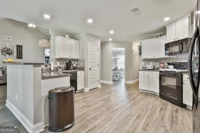 120 Mylee Cv, Barnesville, GA 30204 - kitchen featuring black appliances, decorative backsplash, light wood-style flooring, and recessed lighting