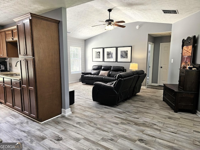 100 Lexington Pl, Senoia, GA 30276 - living area with a ceiling fan, lofted ceiling, light wood-type flooring, and a textured ceiling