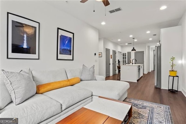 12 Becker Pl NW, Atlanta, GA 30307 - living room with ceiling fan, dark wood-style floors, and recessed lighting