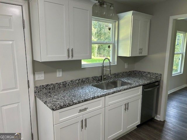 433 Rhett Dr, Loganville, GA 30052 - kitchen with stainless steel dishwasher, white cabinets, healthy amount of natural light, and dark wood-style floors