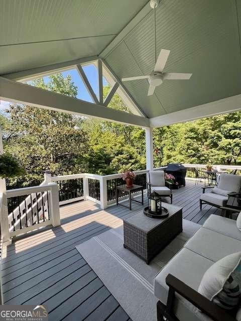 5085 Johns Creek Ct, Johns Creek, GA 30022 - deck with a ceiling fan, an outdoor hangout area, and grilling area