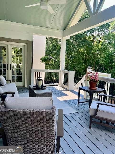 5085 Johns Creek Ct, Johns Creek, GA 30022 - deck featuring a ceiling fan and an outdoor hangout area