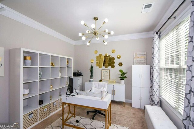 325 Paces Dr, Lithia Springs, GA 30122 - office space featuring ornamental molding, a chandelier, and light colored carpet