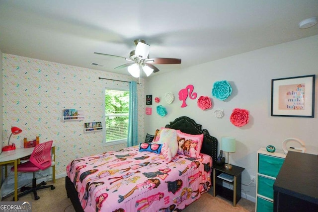 325 Paces Dr, Lithia Springs, GA 30122 - bedroom featuring carpet, wallpapered walls, and ceiling fan