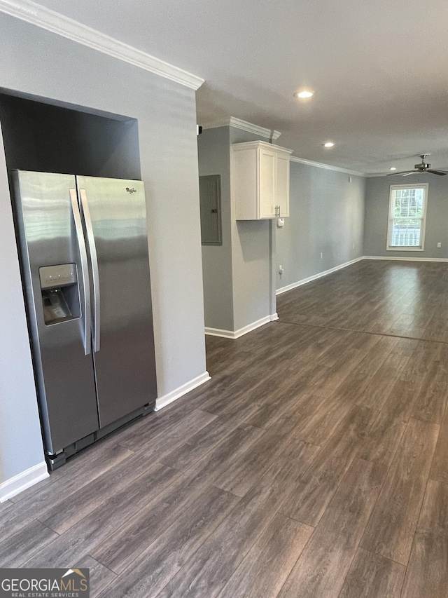 1833 Phillips Ave, East Point, GA 30344 - unfurnished living room featuring crown molding, dark wood-style floors, a ceiling fan, electric panel, and recessed lighting