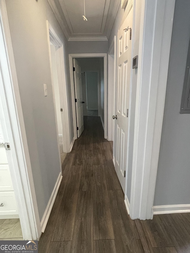 1833 Phillips Ave, East Point, GA 30344 - hallway with crown molding, dark wood-type flooring, and attic access
