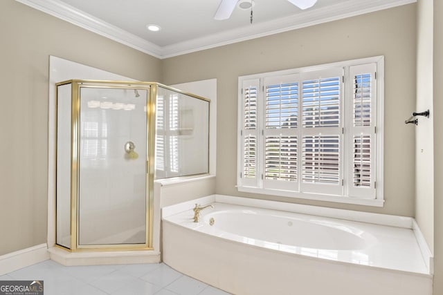 914 Champions Way, Mcdonough, GA 30252 - full bathroom featuring crown molding, a shower stall, a garden tub, tile patterned flooring, and ceiling fan