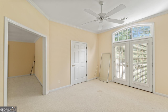 914 Champions Way, Mcdonough, GA 30252 - unfurnished bedroom with access to outside, carpet floors, crown molding, french doors, and a ceiling fan