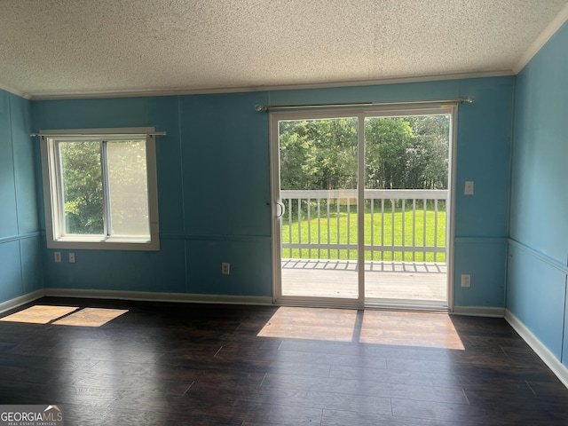 818 Arch Tanner Rd, Bethlehem, GA 30620 - spare room featuring a textured ceiling, plenty of natural light, dark wood-style floors, and crown molding