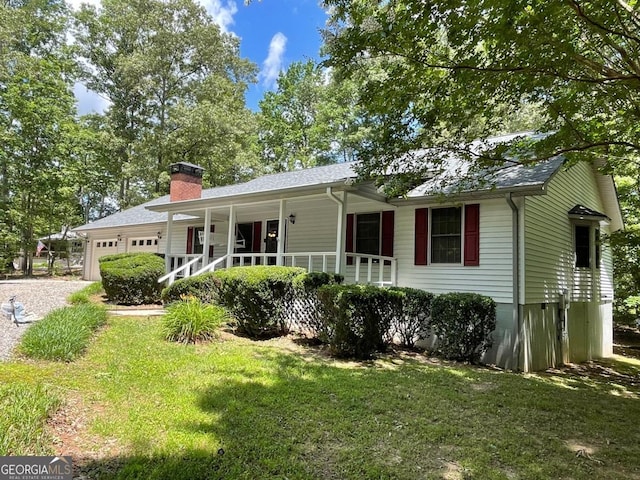 77 Chestatee Dr, Blairsville, GA 30512 - ranch-style home featuring a porch, a garage, a front lawn, a chimney, and roof with shingles