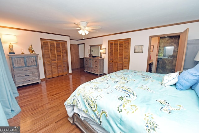 77 Chestatee Dr, Blairsville, GA 30512 - bedroom with wood finished floors, two closets, crown molding, and a ceiling fan