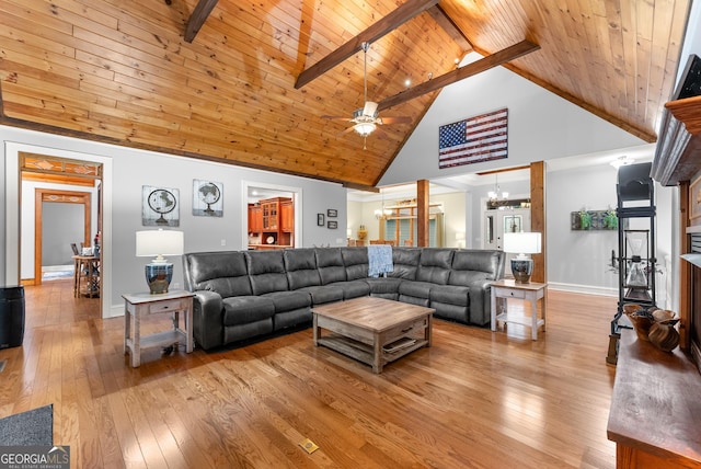 712 Meadow Run Ct, Clarkesville, GA 30523 - living room featuring a wooden ceiling with exposed beams, high vaulted ceiling, light wood finished floors, ceiling fan, and a chandelier