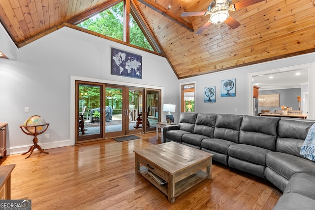 712 Meadow Run Ct, Clarkesville, GA 30523 - living room featuring ceiling fan, high vaulted ceiling, light wood finished floors, french doors, and wood ceiling