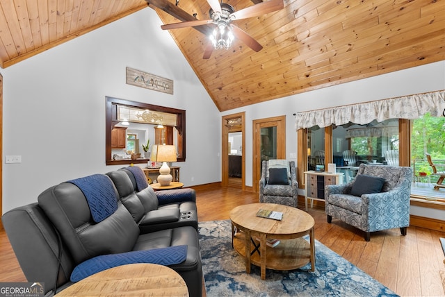 712 Meadow Run Ct, Clarkesville, GA 30523 - living area featuring wood finished floors, wood ceiling, high vaulted ceiling, and a ceiling fan