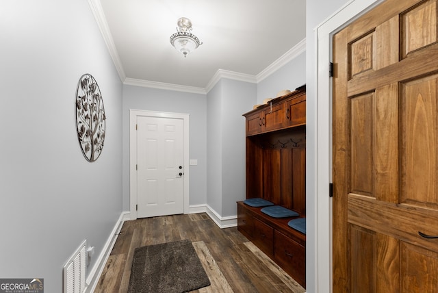 712 Meadow Run Ct, Clarkesville, GA 30523 - mudroom featuring crown molding and dark wood-style floors