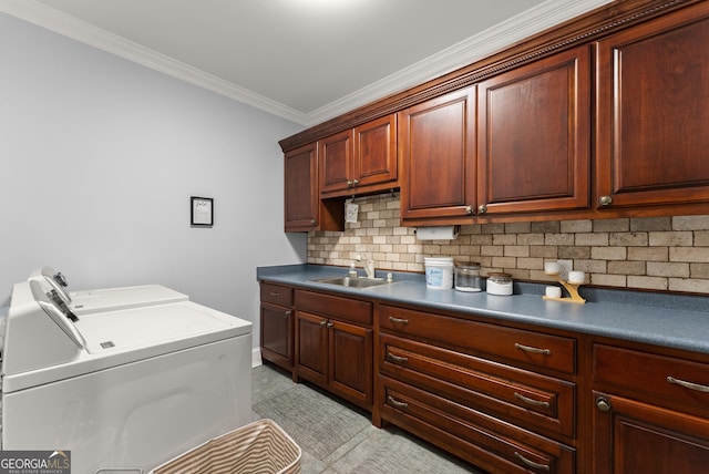 712 Meadow Run Ct, Clarkesville, GA 30523 - washroom with washer and clothes dryer, cabinet space, and crown molding