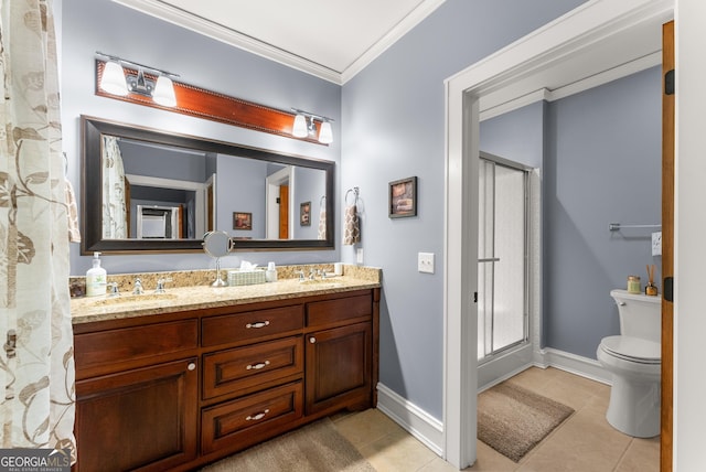 712 Meadow Run Ct, Clarkesville, GA 30523 - bathroom with double vanity, a stall shower, tile patterned floors, and crown molding