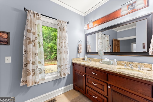 712 Meadow Run Ct, Clarkesville, GA 30523 - full bath with ornamental molding, double vanity, and tile patterned flooring