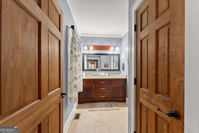 712 Meadow Run Ct, Clarkesville, GA 30523 - full bath featuring double vanity, tile patterned floors, and ornamental molding