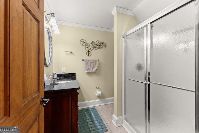 712 Meadow Run Ct, Clarkesville, GA 30523 - bathroom with crown molding, vanity, a shower stall, and tile patterned flooring