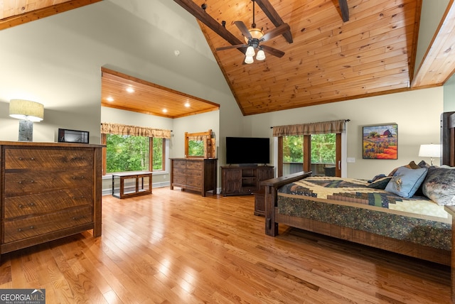 712 Meadow Run Ct, Clarkesville, GA 30523 - bedroom featuring high vaulted ceiling, a wooden ceiling with exposed beams, hardwood / wood-style floors, and recessed lighting