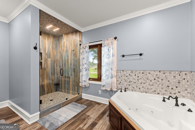 712 Meadow Run Ct, Clarkesville, GA 30523 - bathroom with a shower stall, a jetted tub, wood finished floors, and crown molding