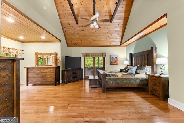 712 Meadow Run Ct, Clarkesville, GA 30523 - bedroom featuring a wood ceiling with exposed beams, high vaulted ceiling, wood finished floors, and recessed lighting