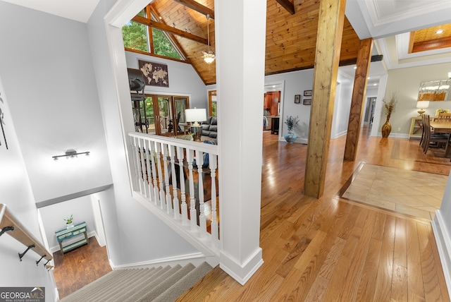 712 Meadow Run Ct, Clarkesville, GA 30523 - corridor featuring wood-type flooring, healthy amount of natural light, and wooden ceiling