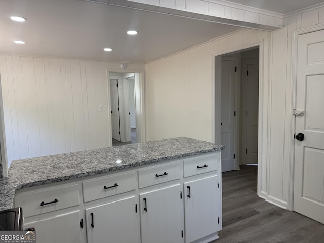 1220 Harmony St, Gainesville, GA 30501 - kitchen with dark wood-style flooring, white cabinetry, light stone counters, and recessed lighting