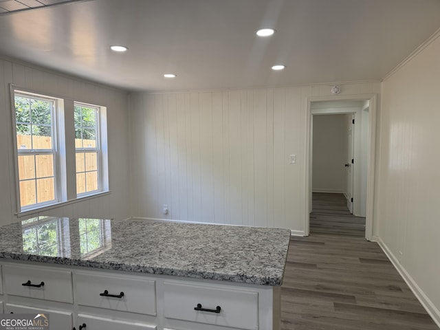 1220 Harmony St, Gainesville, GA 30501 - kitchen featuring dark wood-style floors, white cabinetry, recessed lighting, and light stone countertops