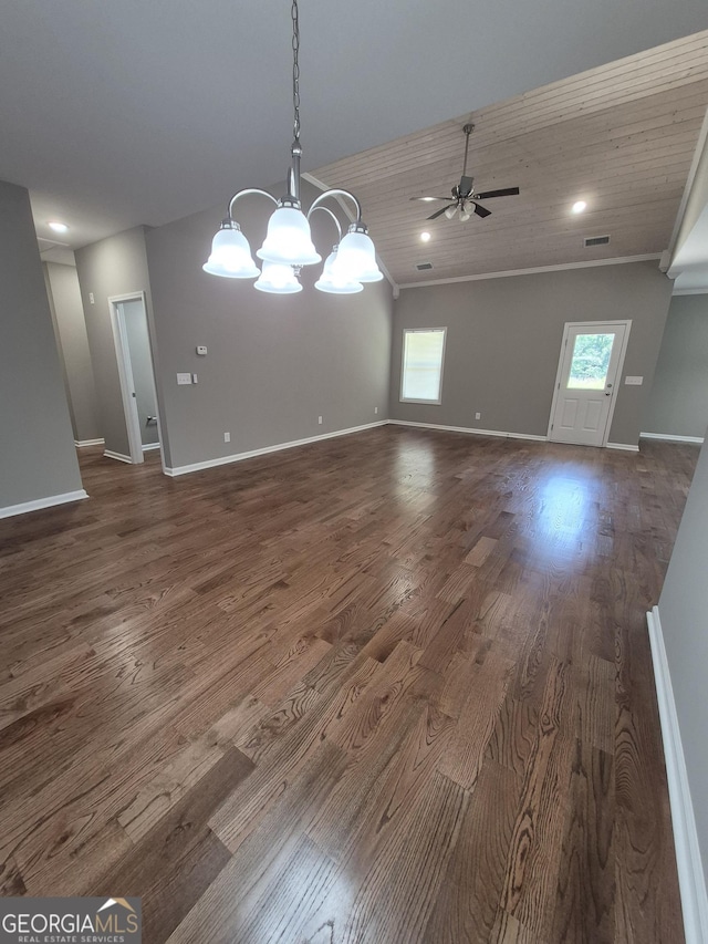 1090 Fox Glen Dr, Watkinsville, GA 30677 - empty room with healthy amount of natural light, ceiling fan, a chandelier, dark wood-style flooring, and lofted ceiling
