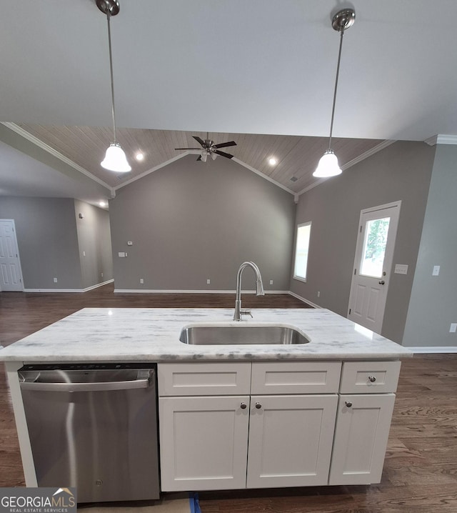 1090 Fox Glen Dr, Watkinsville, GA 30677 - kitchen featuring stainless steel dishwasher, open floor plan, crown molding, white cabinets, and dark wood finished floors