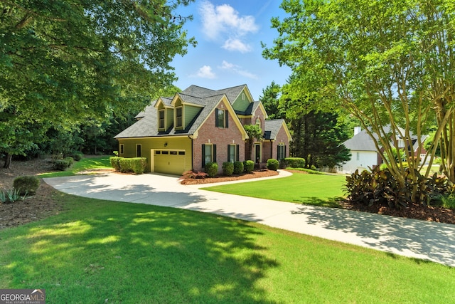 2832 Windrush Dr, Buford, GA 30518 - view of front of home with brick siding, driveway, an attached garage, a front lawn, and roof with shingles