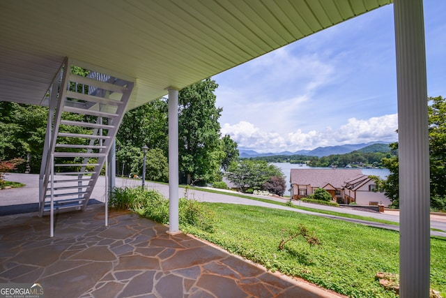 2722 Hidden Valley Rd, Hiawassee, GA 30546 - view of patio with a mountain view and stairs
