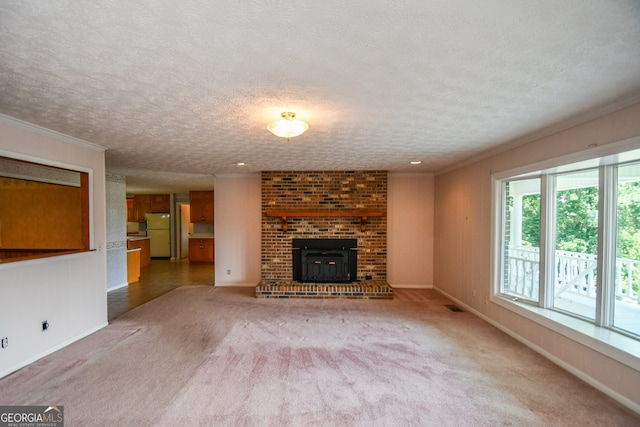 2722 Hidden Valley Rd, Hiawassee, GA 30546 - unfurnished living room featuring a textured ceiling, light colored carpet, and crown molding