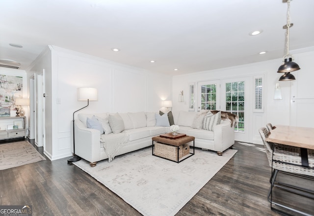 706 Powder Springs St SE, Smyrna, GA 30080 - living room with crown molding, dark wood-type flooring, and recessed lighting