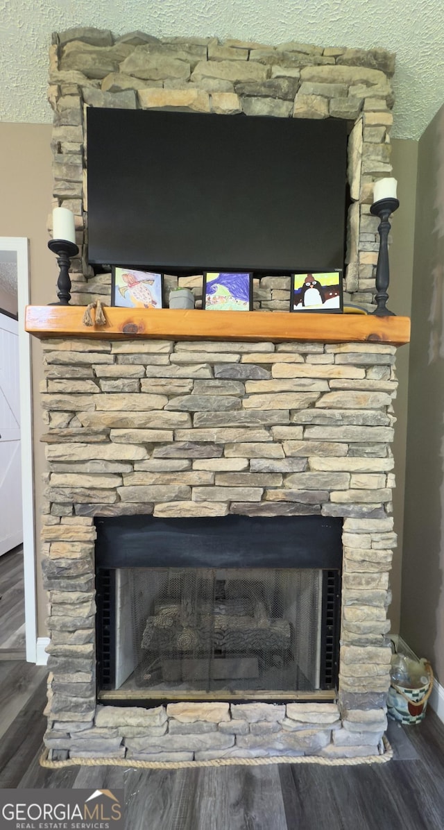 1780 Double Bridge Rd, Demorest, GA 30535 - detailed view of a stone fireplace, a textured ceiling, and wood finished floors