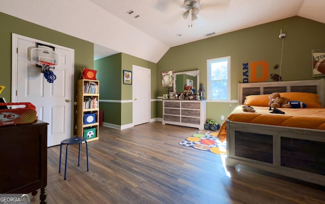 1780 Double Bridge Rd, Demorest, GA 30535 - bedroom with lofted ceiling, dark wood-type flooring, and ceiling fan