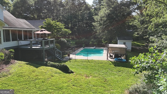 1780 Double Bridge Rd, Demorest, GA 30535 - outdoor pool with a wooden deck, a yard, a storage shed, and stairway