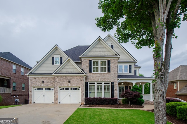 4645 Wykeshire Ct, Cumming, GA 30041 - craftsman-style house with driveway, brick siding, a front yard, and a garage