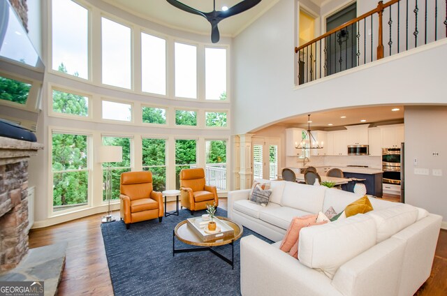 4645 Wykeshire Ct, Cumming, GA 30041 - living area featuring a high ceiling, a chandelier, wood finished floors, arched walkways, and ceiling fan